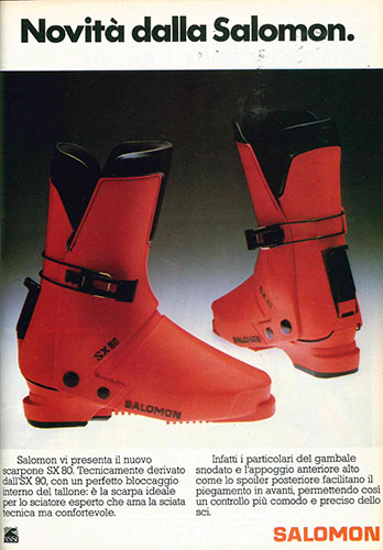 I mitici Salomon SX 80, una delle prime versioni di scarponi a calzata posteriore