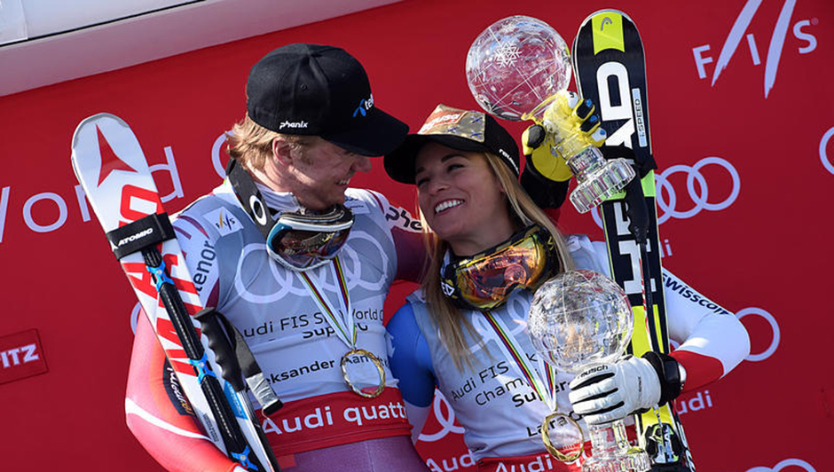 Aleksander Aamodt Kilde (NOR) , and Lara Gut (SUI) , with the globes , after a Super G competition at the Alpine Ski World Cup Finals, in St. Moritz, Switzerland, March 17, 2016. (Pier Marco Tacca/Pentaphoto)