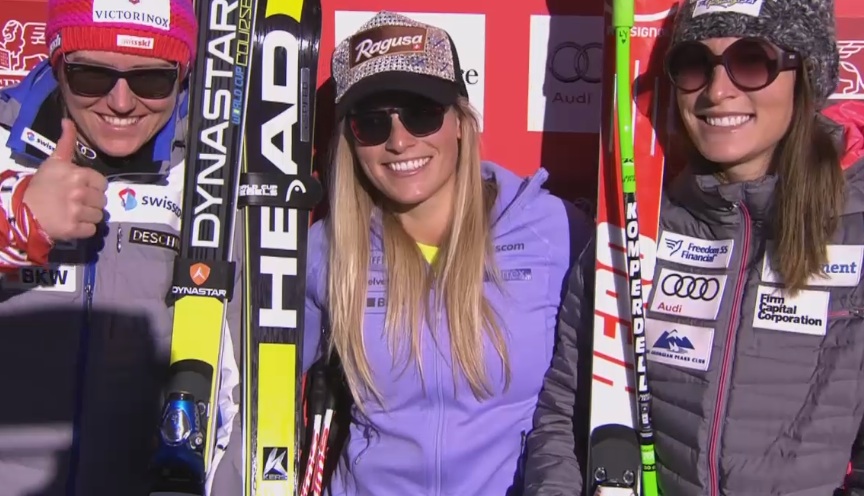Il podio della discesa della Val D'Isere: Lara Gut, Fabienne Suter e Larissa Yurkiw