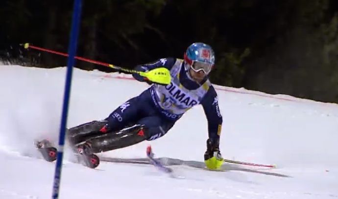 Stefano Gros nella prima manche dello slalom di Madonna di Campiglio