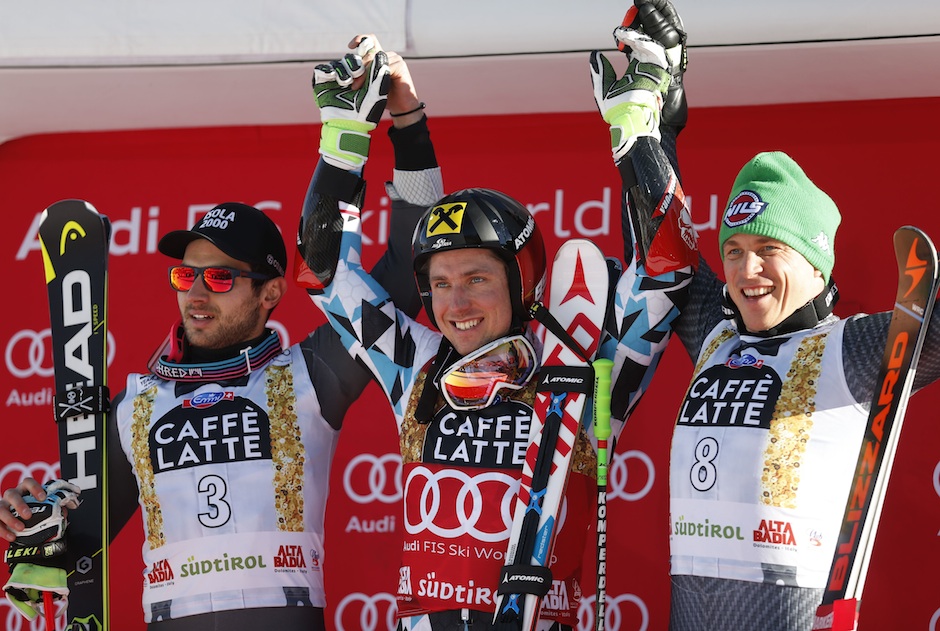 Ski World Cup 2016-2017. Mathieu Faivre (FRA) Marcel Hirscher (AUT) Florian Eisath (ITA). AltaBadia, 18 dec. 2017 Photo (Marco Trovati Pentaphoto-Mateimage)