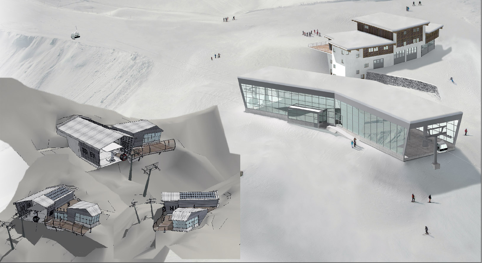 La porta dell’adamello nei rendering realizzati  dall’architetto Flavio chiesa: a sinistra la stazione a monte;  a destra, la Capanna Presena